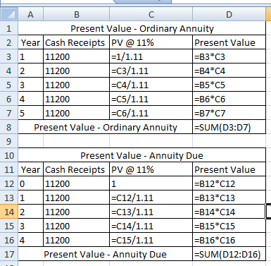 А в 1 Present Value - Ordinary Annuity 2 Year Cash Receipts PV @ 11% Present Value 3 1 11200 1=1/1.11 =B3*C3 4 2 11200 =C3/1.