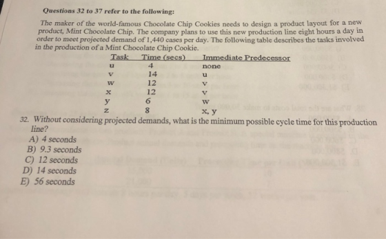 Questions 32 to 37 refer to the following: The maker of the world-famous Chocolate Chip Cookies needs to design a product lay