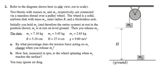 2. Refer to the diagram shown here (a side view, not to scale) Two blocks with masses m, and m2, respectively, are connected via a lassless thread over a pulley Wheel. Ine Wheel is à solid, uniform disk with mass m, outer radius R, and a frictionless axle Initially you hold m, (and therefore the entire system) at rest in the position shown; m, is at rest on level ground. Then you release m The data: m,-7.16 kg m2 345 kg m, 2.63 kg a. By what percentage does the tension force acting on m b. How fast, measured in rpm, is the wheel spinning when m R-5.10 cm H 27.4 cm g 9.80 m/s2 reaches the surface? You may ignore air drag. (ground)