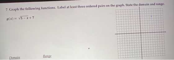 7. Graph the following functions. Label at least three ordered pairs on the graph. State the domain and range. g(x) = V5 - x