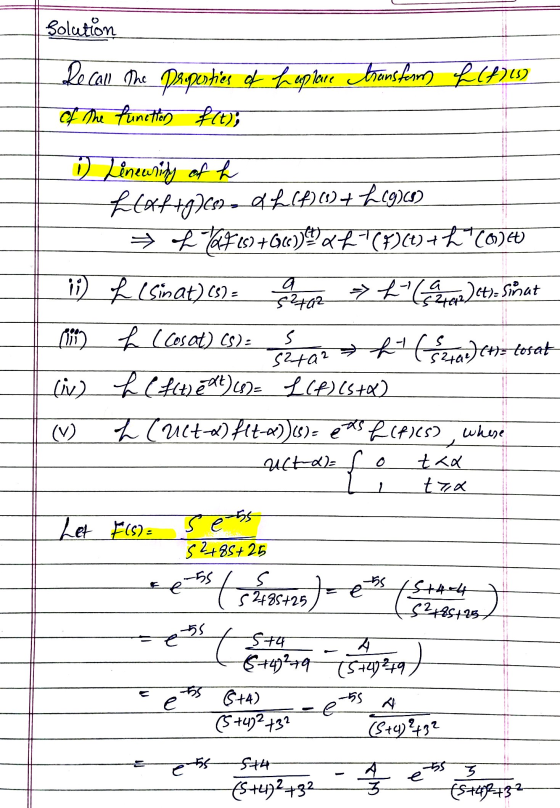 Solution Recall the properties of Laplane transform f (f) (5) of the function f(t); i Linearity of h hath +9769. d fulf)+2996