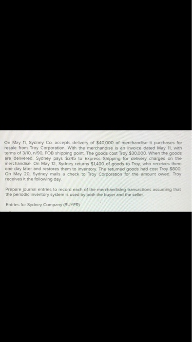 On May 11, Sydney Co. accepts delivery of $40,000 of merchandise it purchases for resale from Troy Corporation. With the merc
