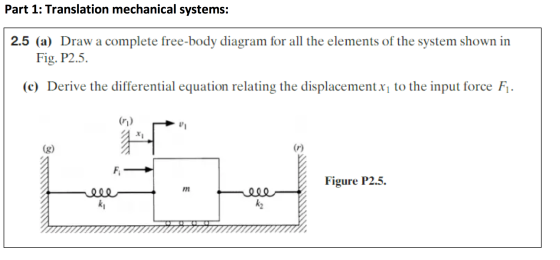 Part 1: Translation mechanical systems: 2.5 (a) Draw a complete free-body diagram for all the elements of the system shown in