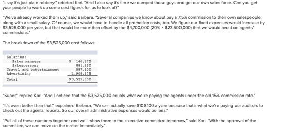 I say its just plain robbery, retorted Karl. And I also say its time we dumped those guys and got our own sales force. C