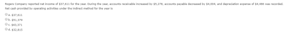 Rogers Company reported net income of $37,611 for the year. During the year, accounts receivable increased by $5,278, account