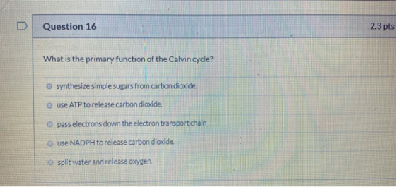 Question 16 2.3 pts What is the primary function of the Calvin cycle? O synthesize simple sugars from carbon dioxide use ATP