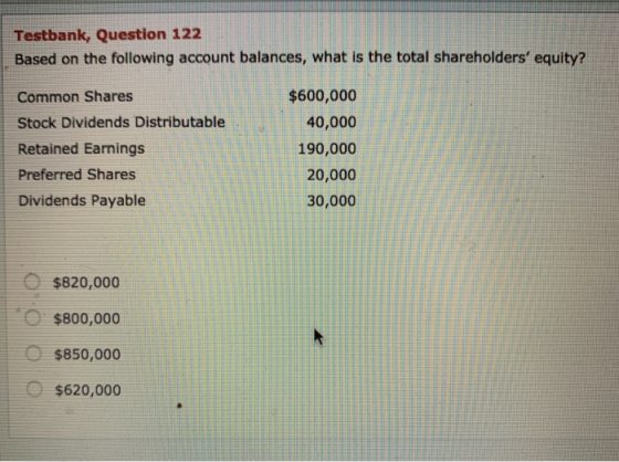 Testbank, Question 122 Based on the following account balances, what is the total shareholders equity? Common Shares Stock D