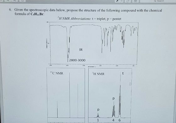 Q Search opic data below, propose the structure of the following compound with the chemical formula of CsH11Br: H NMR Abbreviations: t = triplet, p = pentet IR 2800-3000 13C NMR H NMR