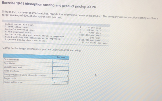Exercise 19-11 Absorption costing and product pricing LO P4 Sirhuds Inc., a maker of smartwatches, reports the information be