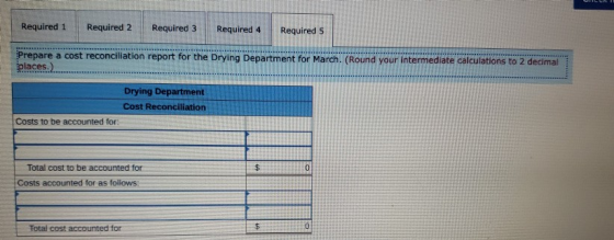 Required 1 Required 2 Required 3 Required 4 Required 5 Prepare a cost reconciliation report for the Drying Department for Mar