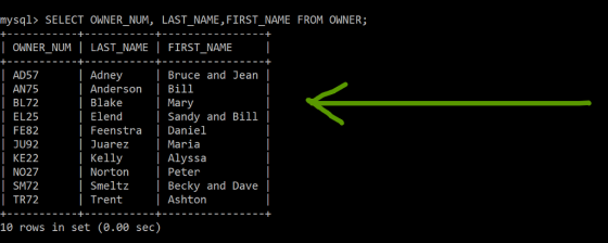 mysal> SELECT OWNER NUM, LAST NAME, FIRST NAME FROM OWNER | OWNER NUM Í LAST NAME | FIRST NAME | AD57 AN75 BL72 EL25 FE82 JU9