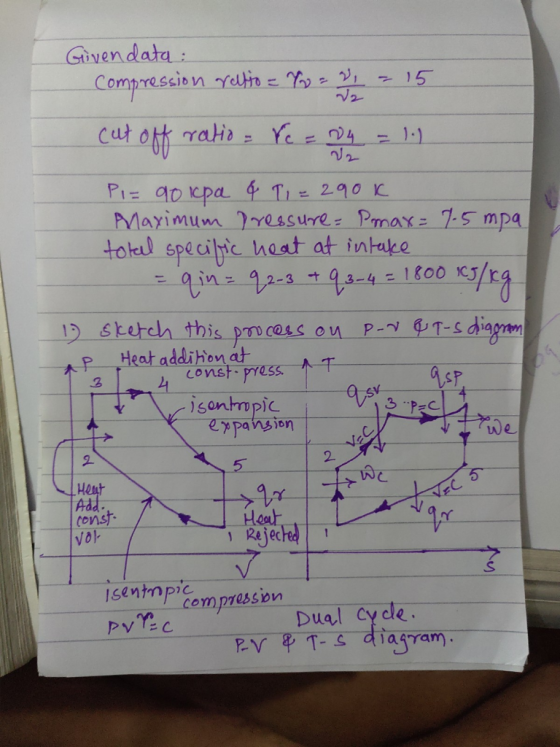 Givendata: compression rello e You = 15 cut off ratio = rc = 24 = 1) Pi= go ipa & T 1 = 290k Maximum Pressure Pmax= 7.5 mpa t