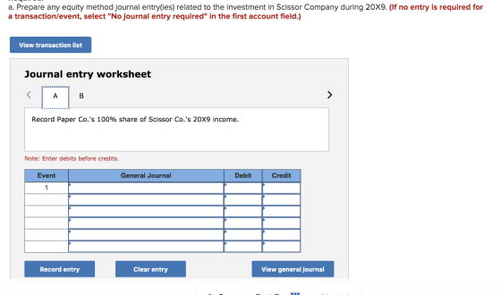 a. Prepare any equity method journal entry(ies) related to the investment in Scissor Company during 20X9. (If no entry is req