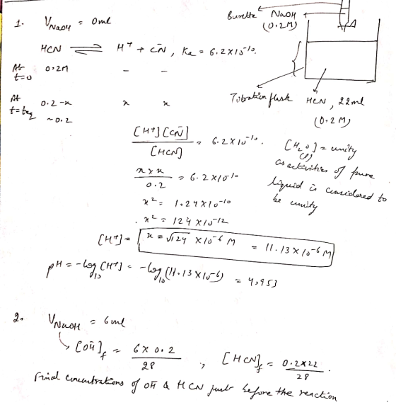 Naon T 1. (0.2M) / The Burette VNoolu - Ome HON = HT + CW, Ke = 612X155/0. 020 Mis to a Titration flask 0.2 -u I t-teq ~0.2 H