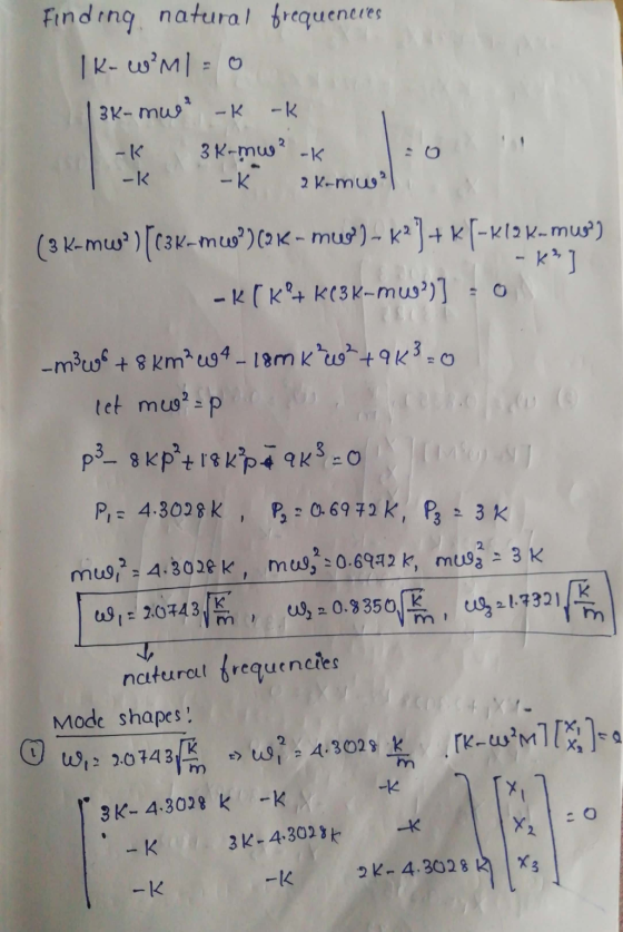 Finding natural frequencies K-WMI = 0 3K-mu? -K -k 3K-mw? -K -K 2 komu? -k (3 K-mw? ) [C3K-mwo?)(K - mwo) – K2 ] +[-K12 K- m