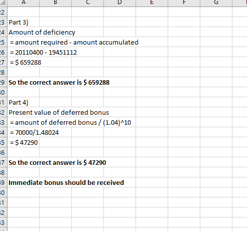 A B -2 -3 Part 3) -4 Amount of deficiency 5 = amount required - amount accumulated 6 = 20110400 - 19451112 -7 = $ 659288 18 9