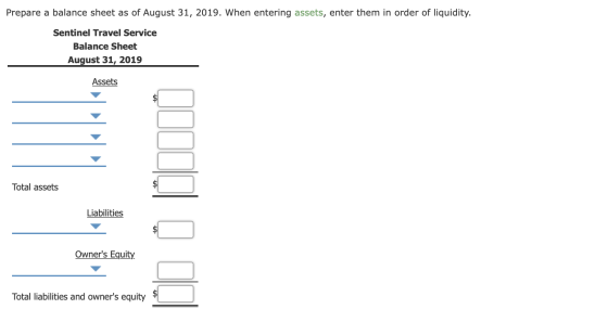 Prepare a balance sheet as of August 31, 2019. When entering assets, enter them in order of liquidity. Sentinel Travel Servic