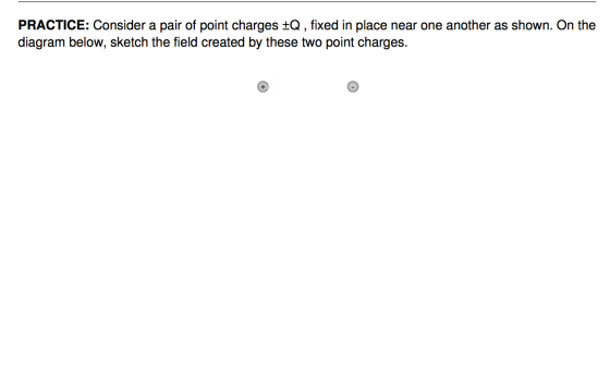PRACTICE: Consider a pair of point charges +Q, fixed in place near one another as shown. On the diagram below, sketch the fie