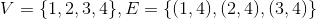 V = \{1, 2, 3, 4\}, E = \{(1,4),(2,4),(3,4)\}