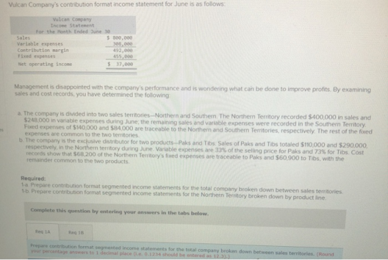 Vulcan Companys contribution format income statement for June is as follows: Vulcan Company Income Statement For the Month E