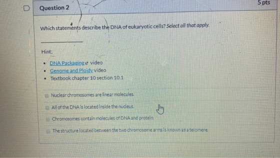 Question 2 5 pts Which statements describe the DNA of eukaryotic cells? Select all that apply. Hint: DNA Packaging e video Ge