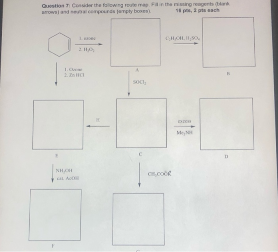 Question 7: Consider the following route map. Fill in the missing reagents (blank arrows) and neutral compounds (empty boxes)
