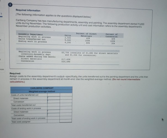 Required information [The following information applies to the questions displayed below.] Carlberg Company has two manufactu