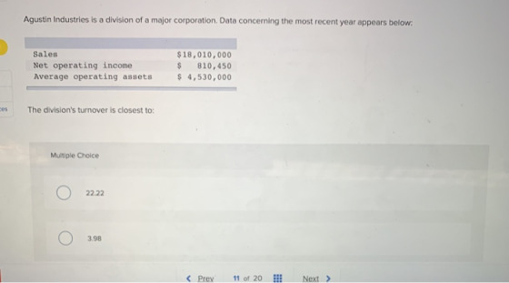 Agustin Industries is a division of a major corporation. Data concerning the most recent year appears below: Sales Net operat