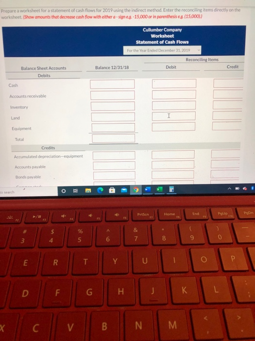 Prepare a worksheet for a statement of cash flows for 2019 using the indirect method, Enter the reconciling items directly on