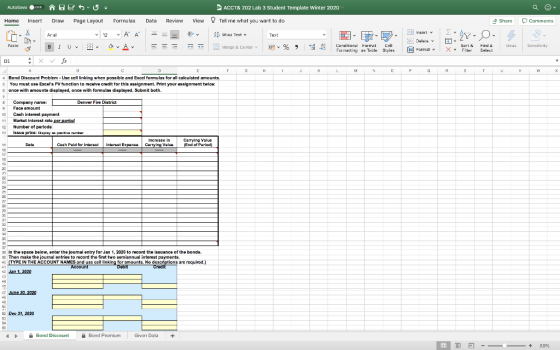 ACCT& 202 Lab 3 Student Template Winter 2020 View Share Comments AutoSaveF AGES Home Insert Draw Page Layout X Arial 12 Peste