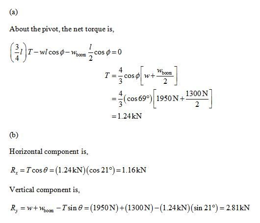 About the pivot, the net torque is, b) r-wicos6-wire cos 0 =0 (656)/1950N + 1300N] =1.24kN (b) Horizontal component is. R, =