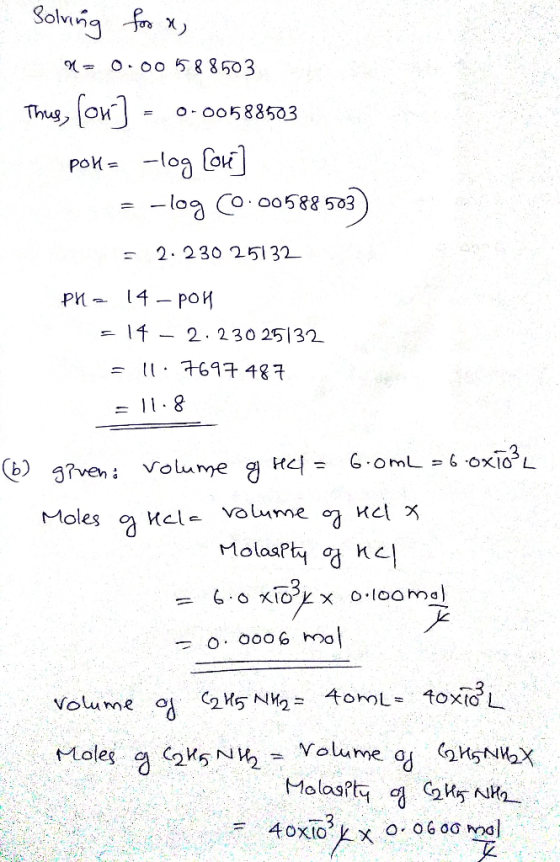 Solving for a a= 0.00588503 Thus, (on] - 0-00588503 pok= -log Core] = -log (0.00588503) = 2.230 25132 pH = 14-pon =14 – 2230