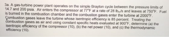 3a. A gas-turbine power plant operates on the simple Brayton cycle between the pressure limits of 14.7 and 200 psia. Air ente