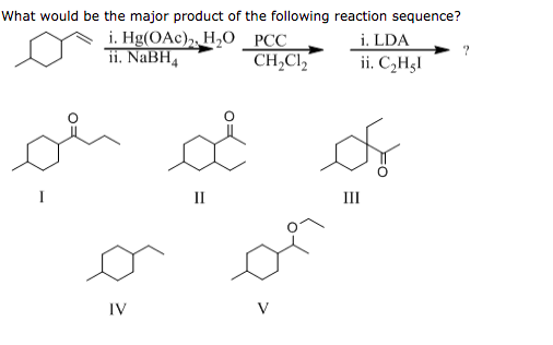 What would be the major product of the following reaction sequence? i. Hg(OAc),H,O PCC i. LDA iti. NaBH CH,C1 ii. CHg!