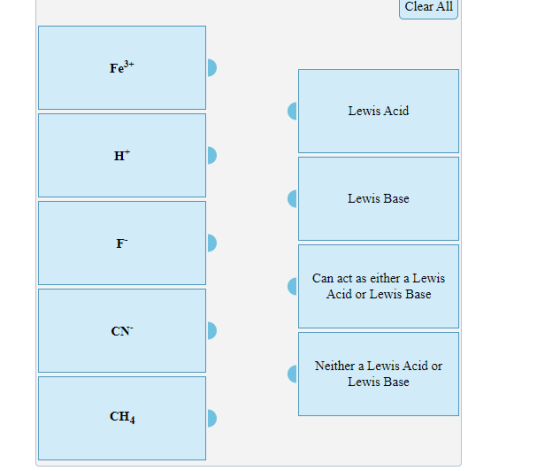 Clear All Lewis Acid Lewis Base Can act as either a Lewis Acid or Lewis Base Neither a Lewis Acid or Lewis Base