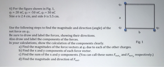 q1 6) For the figure shown in Fig. 1, -20 nC, q2-50 nC, q3-30 nC Size a is 2.4 cm, and side b is 5.5 cm Use the following ste