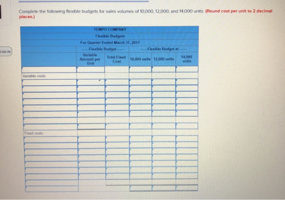Complete the following flexible budgets for sales volumes of 10,000, 12,000, and 14,000 units. (Round cost per unit to 2 deci