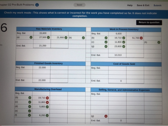 mapter 02 Pre-Built Problems * Saved Help Save & Exit Submit Check my work mode: This shows what is correct or incorrect for