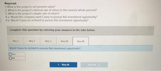 Required: 1. What is the projects net present value? 2. What is the projects internal rate of return to the nearest whole p