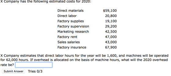 X Company has the following estimated costs for 2020: Direct materials Direct labor Factory supplies Factory supervision Mark