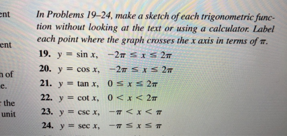 ent ent n of In Problems 19–24, make a sketch of each trigonometric func- tion without looking at the text or using a calcula