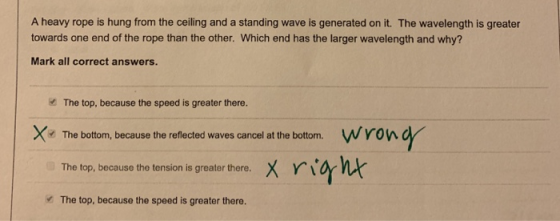 A heavy rope is hung from the ceiling and a standing wave is generated on it. The wavelength is greater towards one end of th