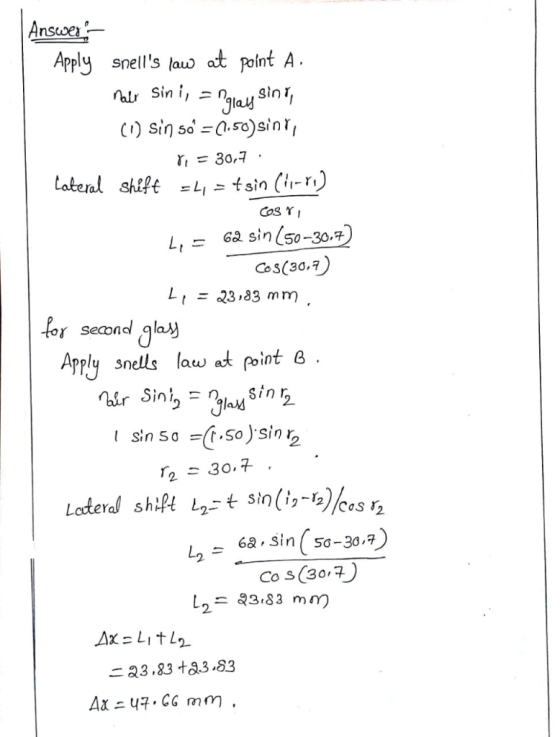Apply snells laub at point A Jlay C) Sin so -a.so)sint, 30, r, 6a sin (50-30*) しー cos(30.7) secondl qlah Apply sndls law t