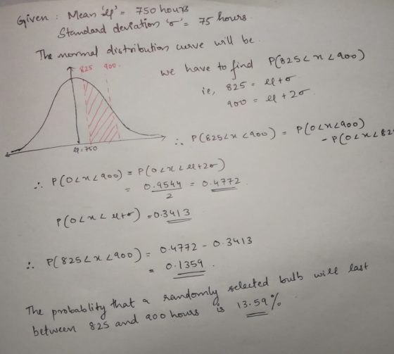 Given Mean all = 750 hours Standard deviation s= 75 hours The mormal distribution weave will be 1825 900. we have to find P(