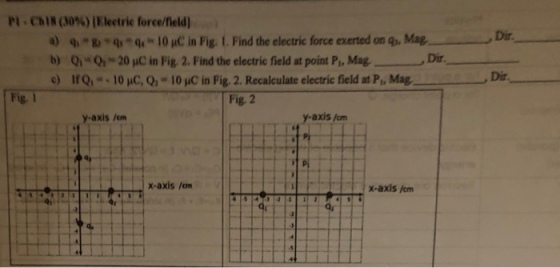 P1 . Ch 1S (30%) !Electric force/neld] Dir a) q 10 uC in Fig. I. Find the electric force exerted on gu Mag b) Qi-o,-20 pC in Fig. 2. Find the electric field at point P., Mag.----, Dir IfQ10 HC, Q-10 HC in Fig. 2. Recalculate electric field at P. Mag. Fig. 2 Dir y-axis /cm y-axis /cm x-axis /cm x-axis /cm