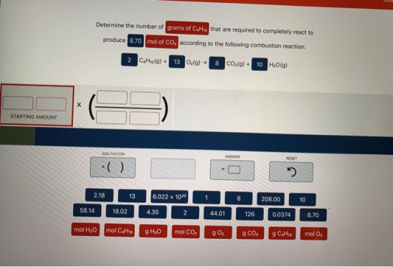 Determine the number of grams of Cahie that are required to completely react to produce 8.70 mol of Co, according to the foll