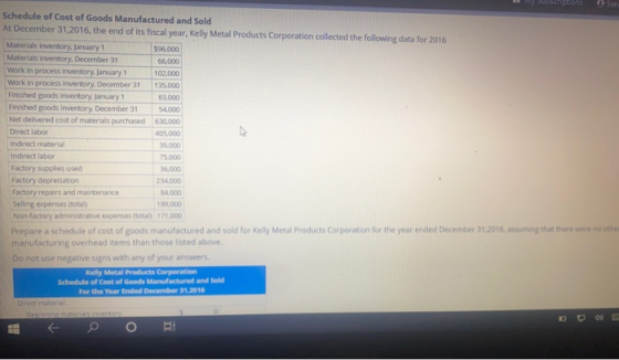 sorptions Schedule of Cost of Goods Manufactured and Sold At December 31,2016, the end of its fiscal year, Kelly Metal Produc