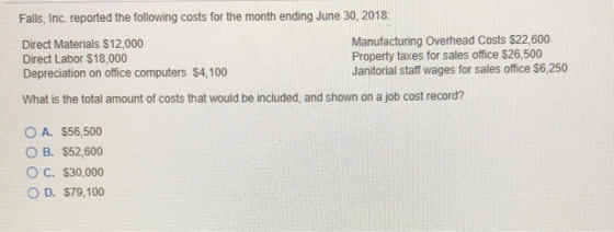 Falls, Inc. reported the following costs for the month ending June 30, 2018: Direct Materials $12,000 Direct Labor $18,000 De