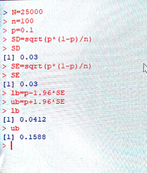 N-25000 n=100 p 0.1 SD i 0.03 SE 03 [1 0.0412 > ub [1] 0.1588