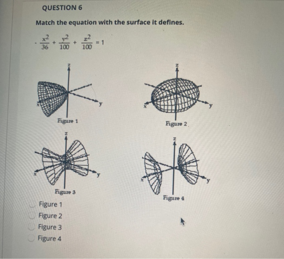 QUESTION 6 Match the equation with the surface it defines. Figure 1 Figure 2 Figure 3 Figure 4 Figure 1 Figure 2 Figure 3 Fig